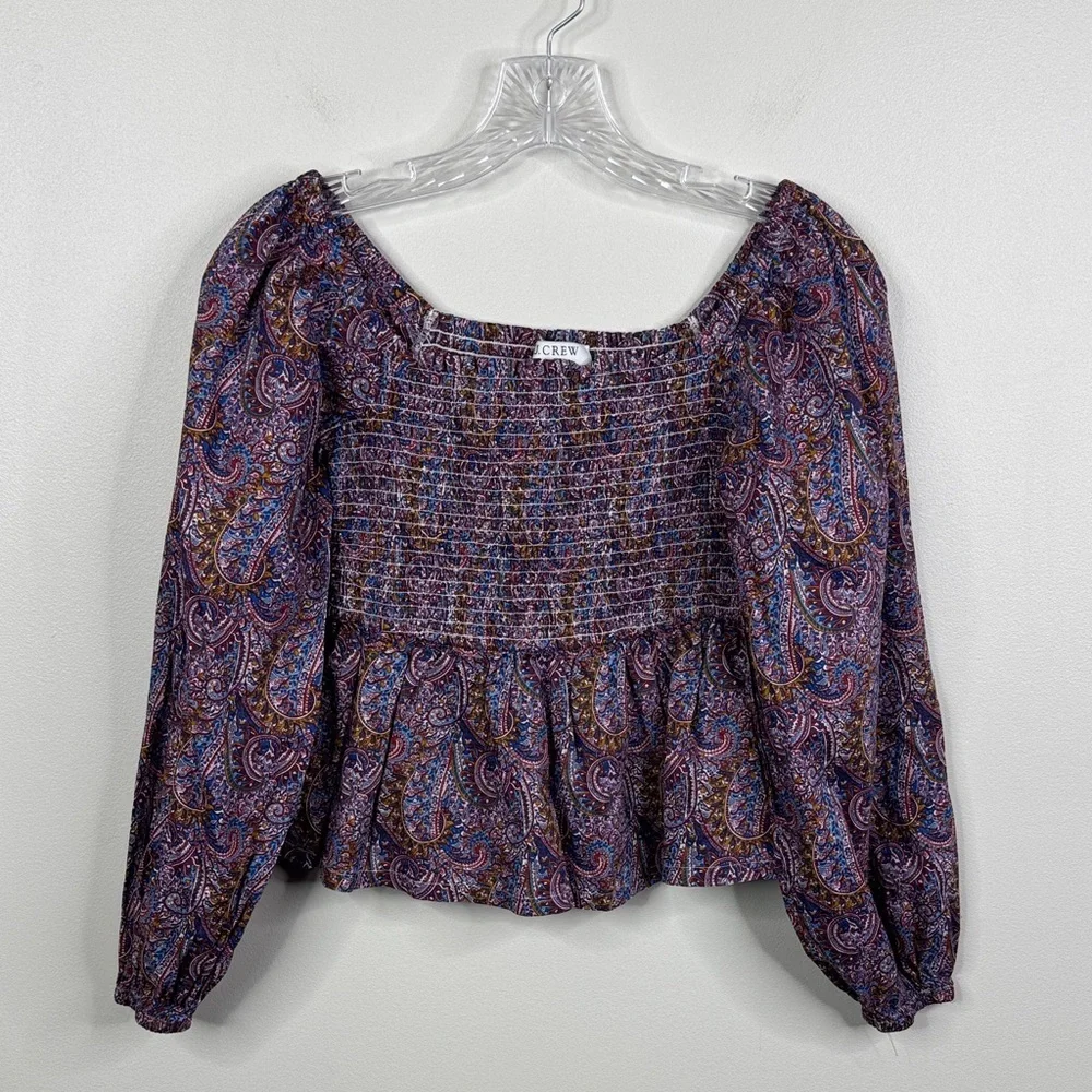 J. Crew Liberty Fabrics Smocked Puff Sleeve Peplum Top Purple Paisley Small